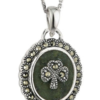 Connemara Marble & Marcasite Oval Shamrock Pendant