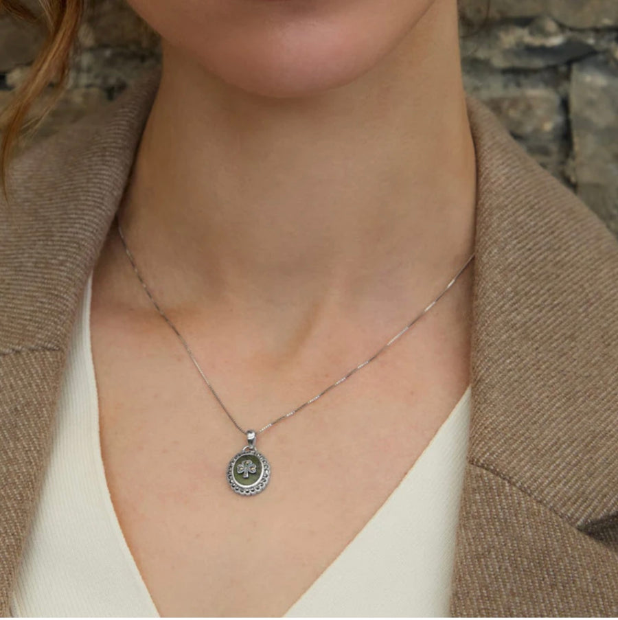 Connemara Marble & Marcasite Oval Shamrock Pendant