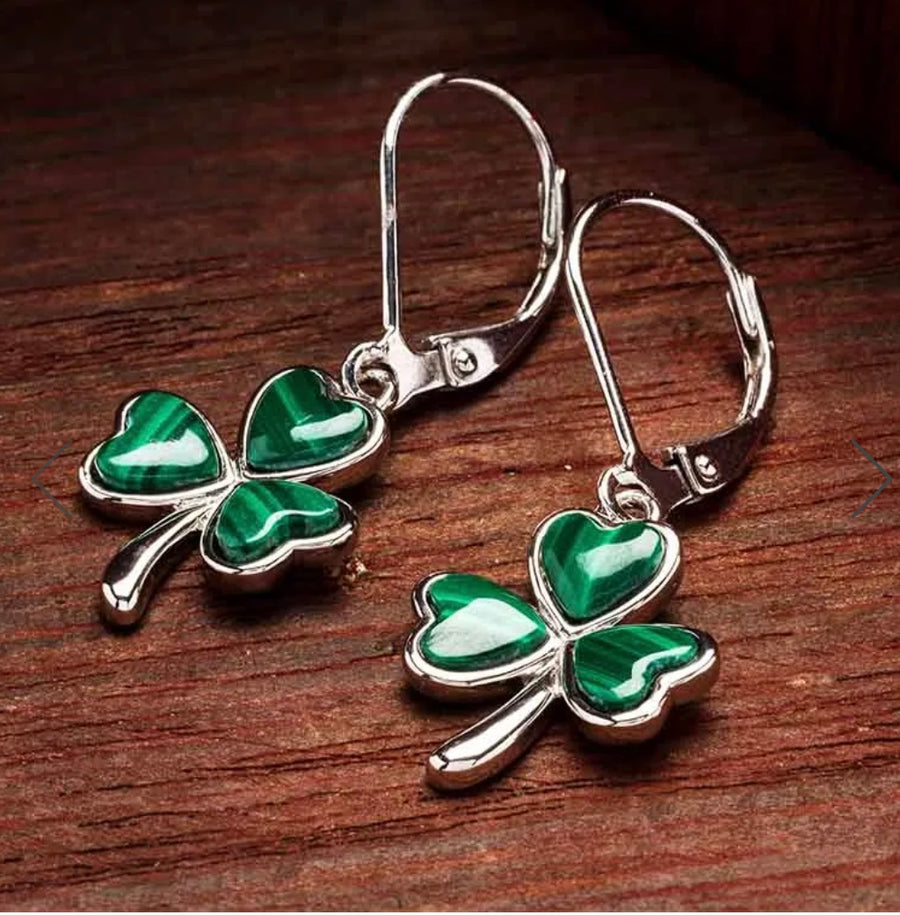 Green Malachite Sterling Silver Shamrock Drop Earrings