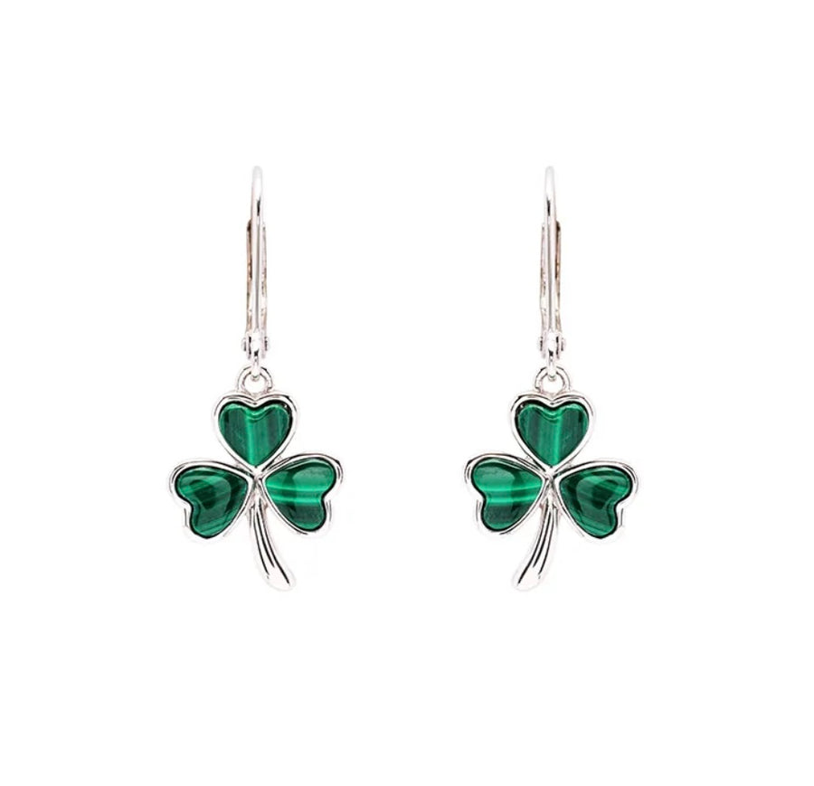 Green Malachite Sterling Silver Shamrock Drop Earrings