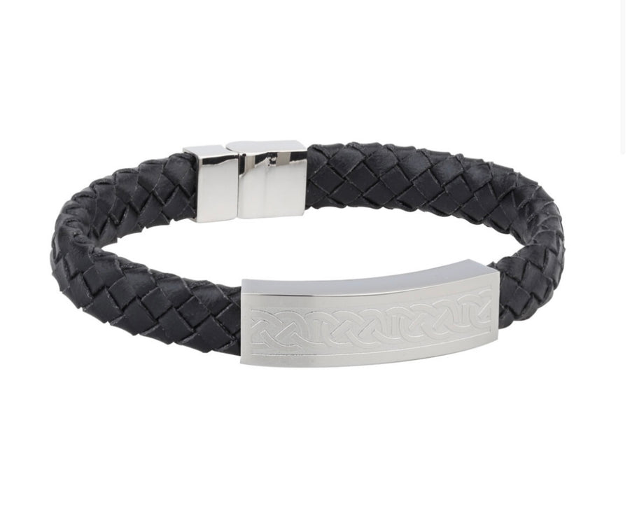 Mens Celtic Black Leather Bracelet Wide