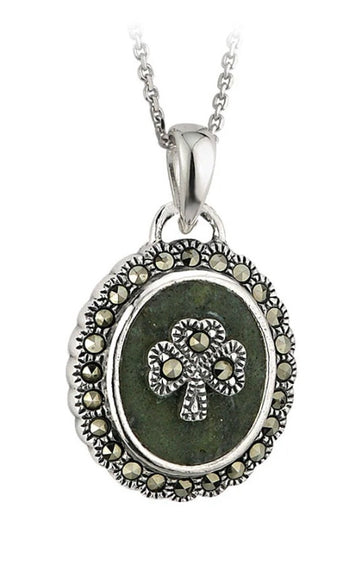 Connemara Marble & Marcasite Oval Shamrock Pendant